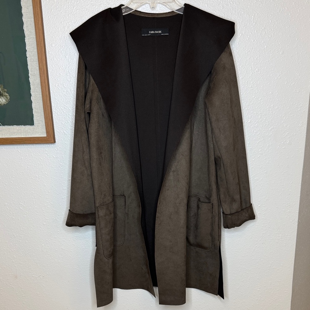 Zara Basic Faux Suede Dark Brown Women's Cape Coat with Hood - Small